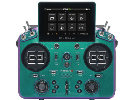 Teal and purple remote control with touchscreen interface on a white background