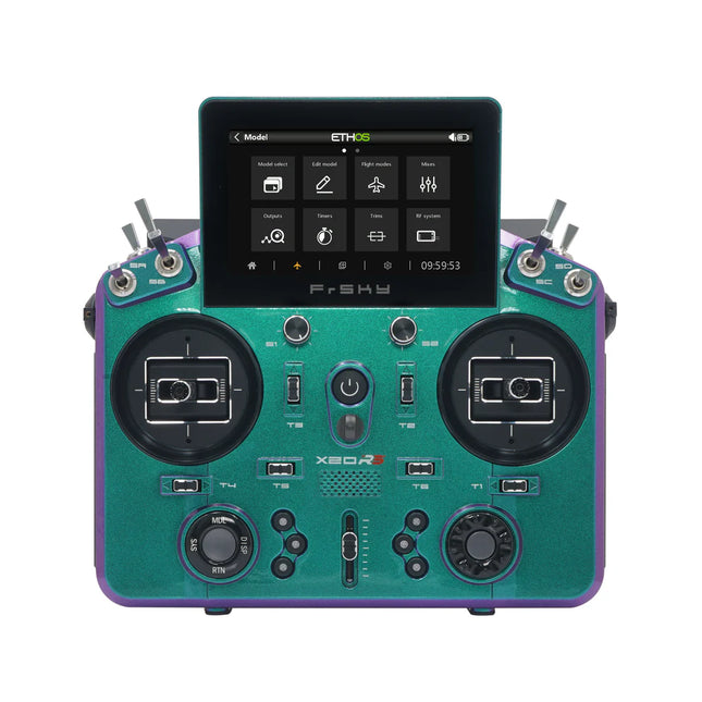 Teal and purple remote control with touchscreen interface on a white background