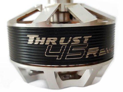 Metallic engine component with 'Thrust 45 Revs' branding on a white background