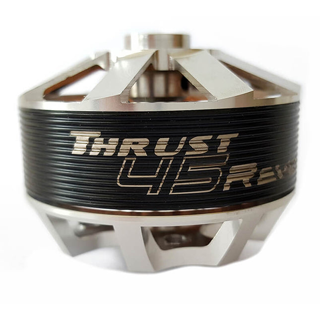Metallic engine component with 'Thrust 45 Revs' branding on a white background