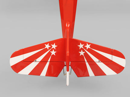Red and white Phoenix Model DECATHLON model airplane on a gray background