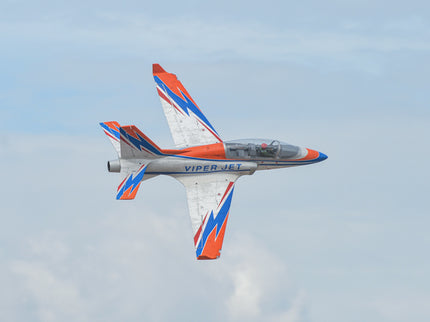 Phoenix Model VIPER JET 83'' With Electric Retract ARF V2 Colorful airplane with 'Viper Jet' branding flying against a clear sky.