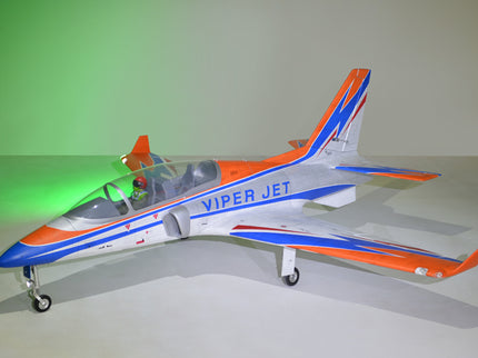 Phoenix Model VIPER JET 83'' With Electric Retract ARF V2 Model of a Viper Jet on a white surface with a green gradient background