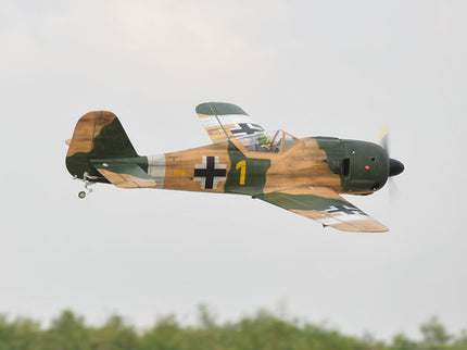 Phoenix Model Focke Wulf 55" with Electric Retracts Camouflaged airplane with a black cross and number 1 on a cloudy sky background