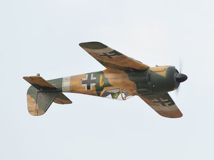 Phoenix Model Focke Wulf 55" with Electric Retracts Model airplane with a camouflage design and visible insignia against a clear sky