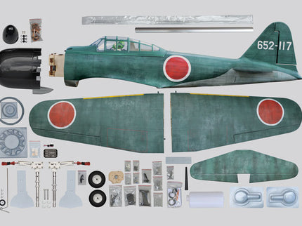 Phoenix Model ZERO A6M 55'' W/Electric Retract Model airplane kit with parts on a white background