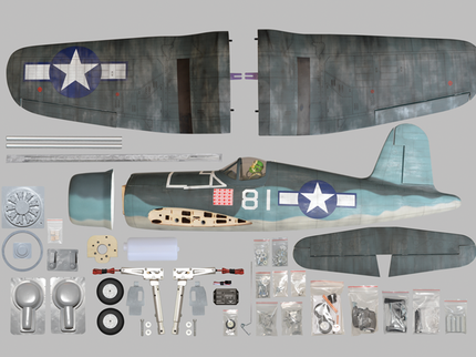 Phoenix Model F4U Corsair 59'' W/Electric Retract Model airplane kit with all parts displayed on a gray background