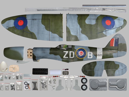 Phoenix Model Spitfire 55" W/Electric Retract Model airplane kit with camouflage design and decals on a gray background
