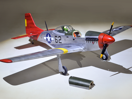 Phoenix Model P51 MUSTANG 1,41m 55,5'' W/Electric Retract Model airplane with red and gray colors on a neutral background