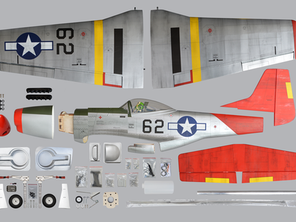 Phoenix Model P51 MUSTANG 1,41m 55,5'' W/Electric Retract Model airplane kit with parts on a gray background