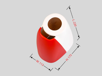Phoenix Model STREGA 56'' W/Electric Retract Red and white cylindrical object with dimensions labeled on a gray background