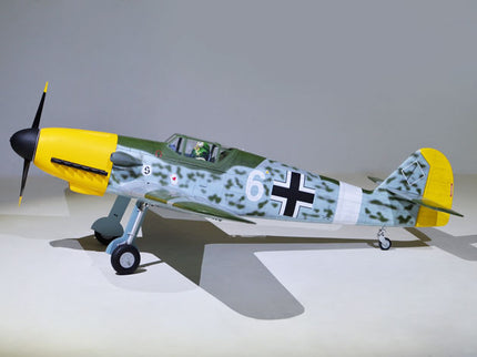 Phoenix Model MESSERCHMITT Bf 109 72'' W/Electric Retract Model of a World War II-era fighter plane with yellow accents on a gray background