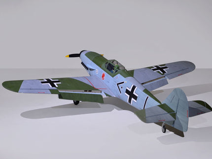 Phoenix Model MESSERCHMITT Bf 109 77'' W/Electric Retract ARF V2 Model of a World War II-era fighter plane with a distinctive emblem on a gray background