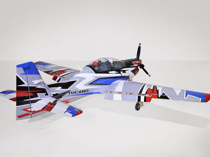 Phoenix Model TUCANO TURBOPROP 103" Model airplane with a colorful design on a white background