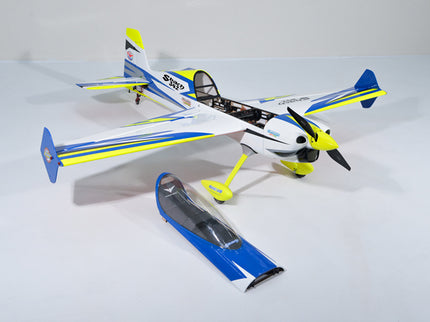 Phoenix Model SBACH 342 67" ARF V2 Model airplane with blue and yellow accents on a white background
