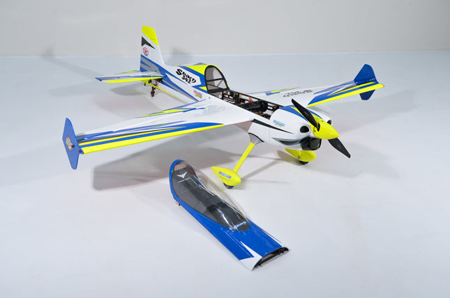 Phoenix Model SBACH 342 67" ARF V2 Model airplane with blue and yellow accents on a white background