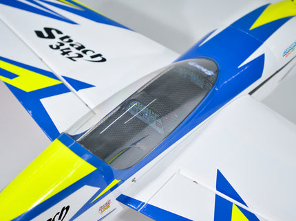 Close-up of Phoenix Model SBACH 342 67" ARF V2 model airplane with blue, white, and yellow colors on a gray background