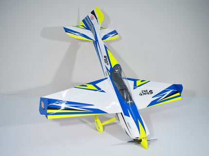 Phoenix Model SBACH 342 67" ARF V2 Model airplane with blue and yellow design on a white background