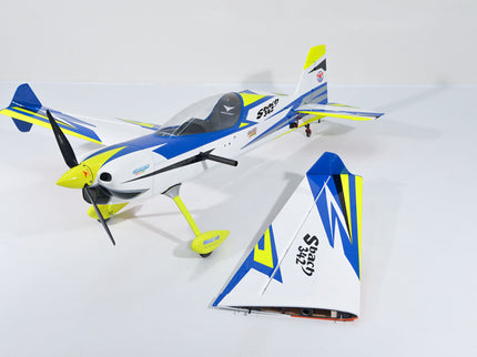 Phoenix Model SBACH 342 67" ARF V2 Model airplane with blue, white, and yellow colors on a white background
