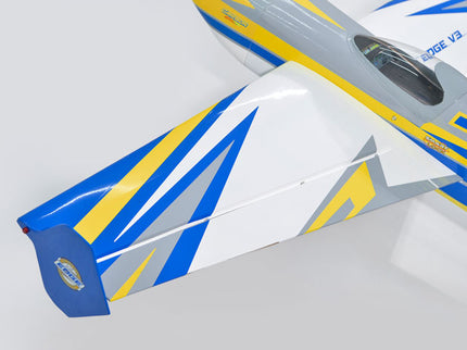 Close-up of Phoenix Model EDGE 540 V3 67'' ARF V2 (20-26cc) model airplane with blue and yellow accents on a white background
