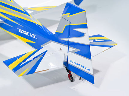 Blue and yellow Phoenix Model EDGE 540 V3 67'' ARF V2 (20-26cc) model airplane on a white background