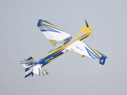 Phoenix Model EDGE 540 V3 67'' ARF V2 (20-26cc) Model airplane with blue and yellow design flying against a clear sky
