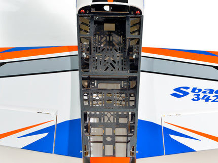 Close-up of Phoenix Model SBACH 342 74'' ARF V2 frame with colorful design in the background