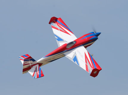 Phoenix Model EDGE 540 V3 60'' airplane with a red, white, and blue design flying against a clear blue sky.