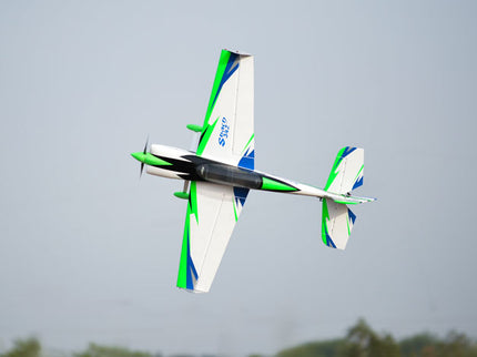 Phoenix Model SBACH 342 60'' ARF V2  Model airplane with green and blue accents flying against a gray sky