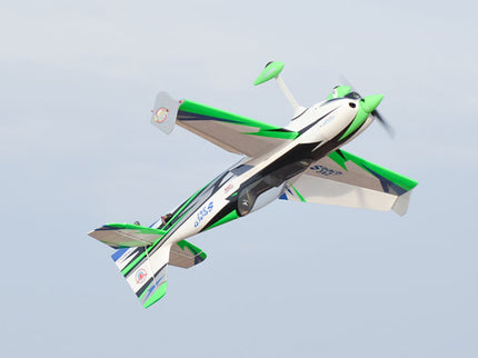 Phoenix Model SBACH 342 60'' ARF V2  Model airplane with green and white design on a clear background