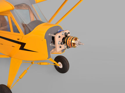 Yellow Phoenix Model PIPER J3 CUB model airplane with a propeller on a gray background