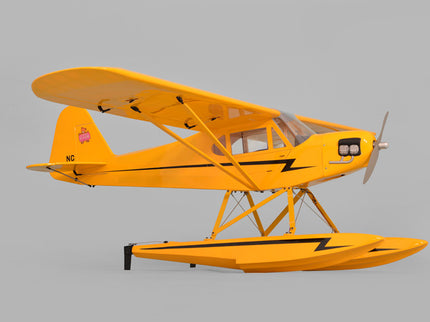 Yellow Phoenix Model PIPER J3 CUB seaplane on a gray background