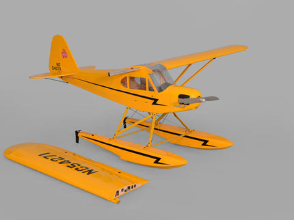 Yellow Phoenix Model PIPER J3 CUB  seaplane model on a gray background