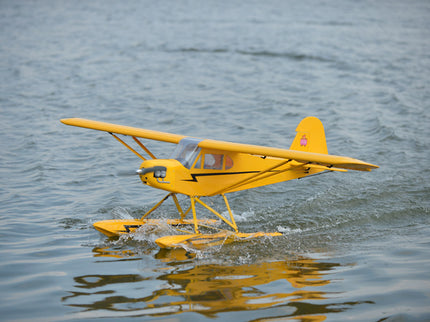 Yellow Phoenix Model PIPER J3 CUB seaplane on water