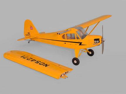 Yellow Phoenix Model PIPER J3 CUB  airplane model on a gray background