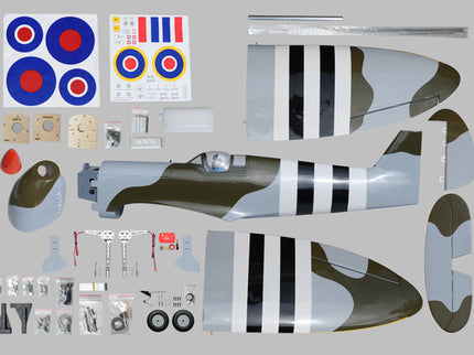 Phoenix Model Spitfire 61" ARF V2 with Electric Retracts Model airplane kit with decals and parts on a gray background