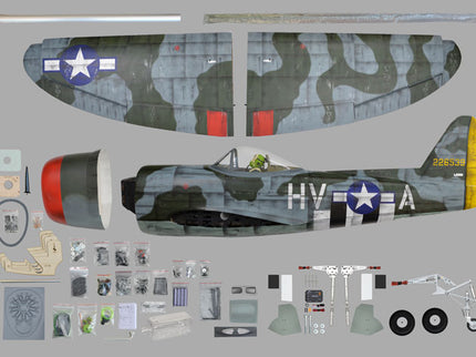 Phoenix Model P-47 Thunderbolt 79" ARF V2 with Electric Retracts Model airplane kit with all parts displayed on a gray background