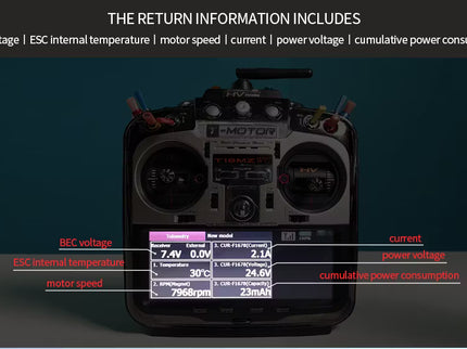 Transmitter with digital display showing various telemetry data on a dark background
