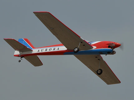 Phoenix Model AURORA 59" ARF Red and blue airplane with 'Aurora' branding against a clear sky