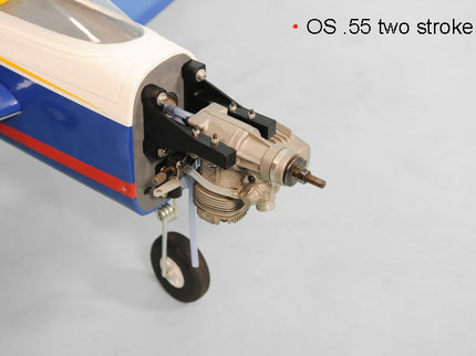 Close-up of a Phoenix Model TYPHOON 59" Size ARF model airplane engine with 'OS .55 two stroke' text on a gray background