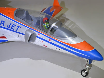 Phoenix Model VIPER JET 83'' With Electric Retract ARF V2 Model of a jet with orange, blue, and white colors on a gray background