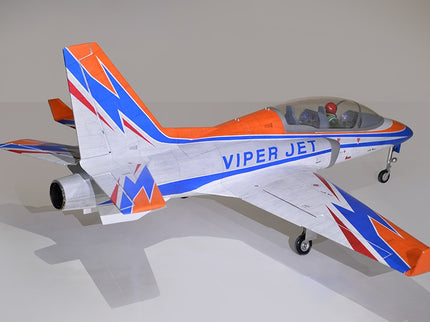 Phoenix Model VIPER JET 83'' With Electric Retract ARF V2 Model of a Viper Jet with orange, blue, and white colors on a gray background
