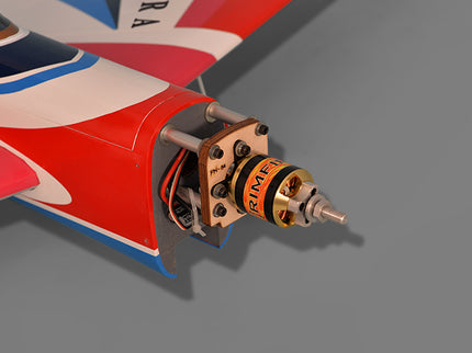 Phoenix Model AURORA 59" ARF Close-up of a model airplane's motor and motor on a gray background