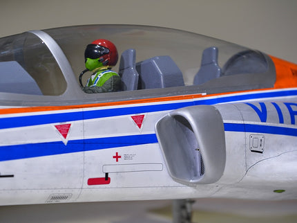 Phoenix Model VIPER JET 83'' With Electric Retract ARF V2 Model airplane with a pilot figure inside the cockpit, featuring colorful stripes and branding.