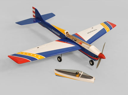 Phoenix Model TYPHOON 59" Size ARF Model airplane and speedboat on a gray background