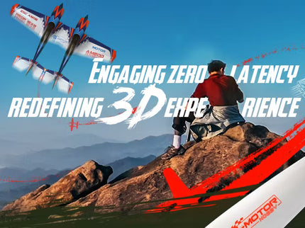 Person on a mountain with a red and white airplane, text about zero latency and 3D experience.