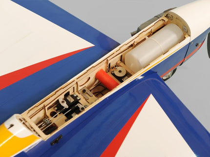 Close-up of a Phoenix Model TYPHOON 59" Size ARF model airplane with open fuselage showing internal components on a gray background.