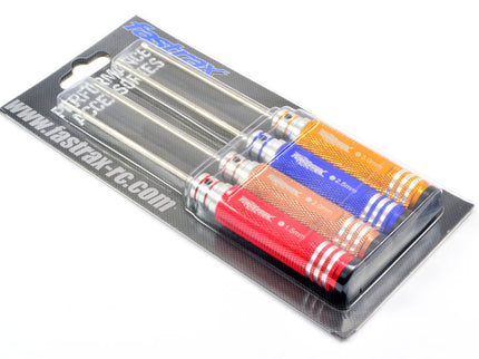 Packaged set of FASTRAX HARDENED METRIC HEX DRIVER SET (4) with colorful flights on a white background