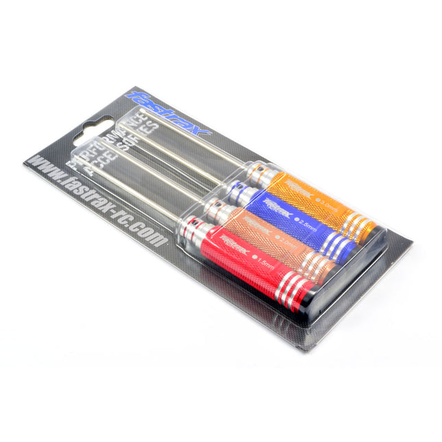 Packaged set of FASTRAX HARDENED METRIC HEX DRIVER SET (4) with colorful flights on a white background