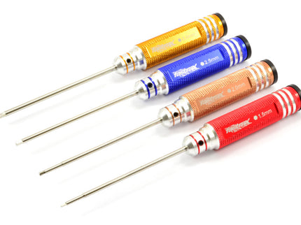 Set of four screwdrivers with colored handles on a white background